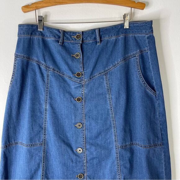 Blue denim button western prairie cottagecore stretchy jean midi maxi skirt 16 - Picture 2 of 6